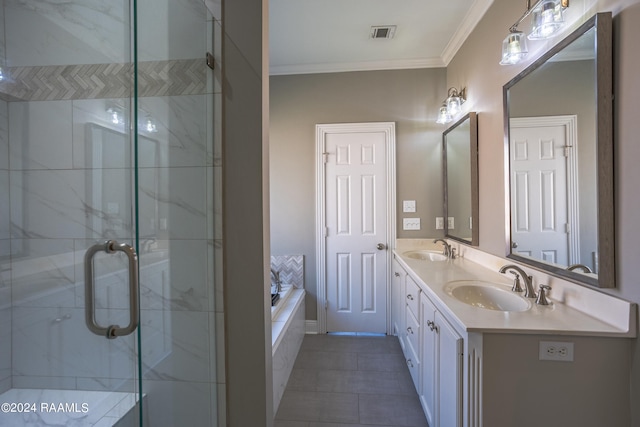 bathroom with ornamental molding, vanity, plus walk in shower, and tile patterned floors