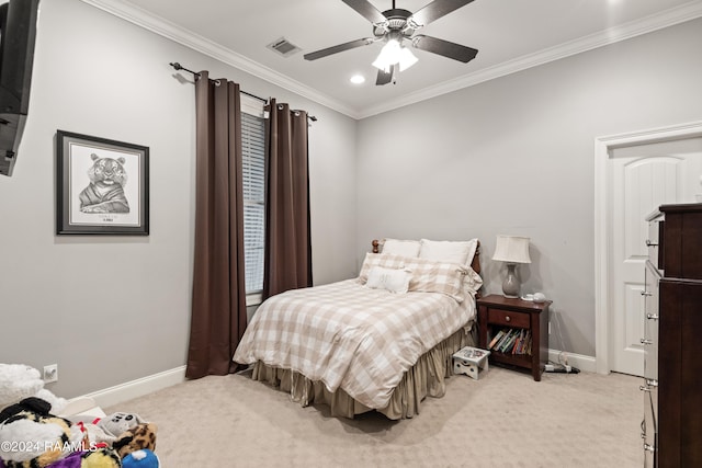 bedroom with ceiling fan, crown molding, and light carpet