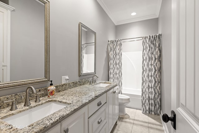 full bathroom featuring tile patterned flooring, crown molding, toilet, shower / tub combo with curtain, and vanity