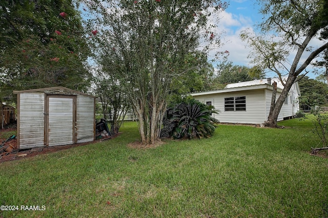 view of yard featuring a shed