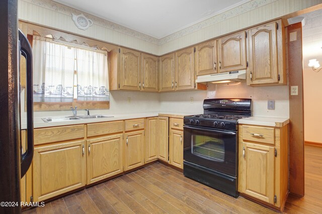 kitchen featuring black appliances, hardwood / wood-style flooring, and sink