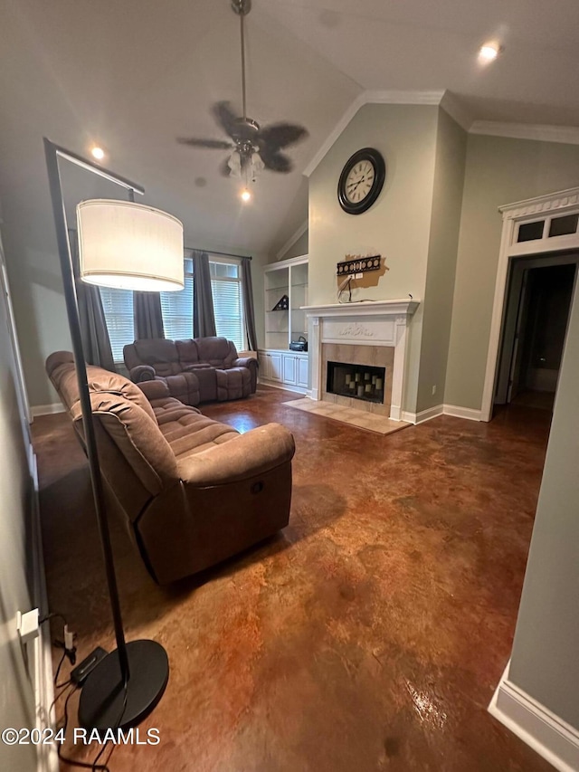 living room with lofted ceiling, ceiling fan, and crown molding