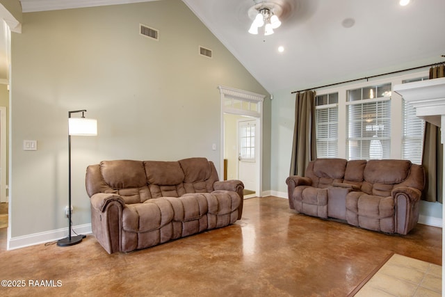 living room featuring concrete flooring, ceiling fan, and high vaulted ceiling