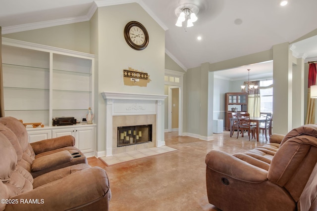 living room featuring crown molding, a premium fireplace, high vaulted ceiling, built in shelves, and ceiling fan with notable chandelier