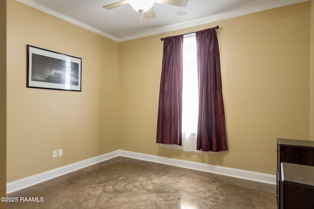 empty room featuring ornamental molding, concrete floors, and ceiling fan