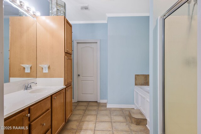 bathroom featuring ornamental molding, plus walk in shower, and vanity