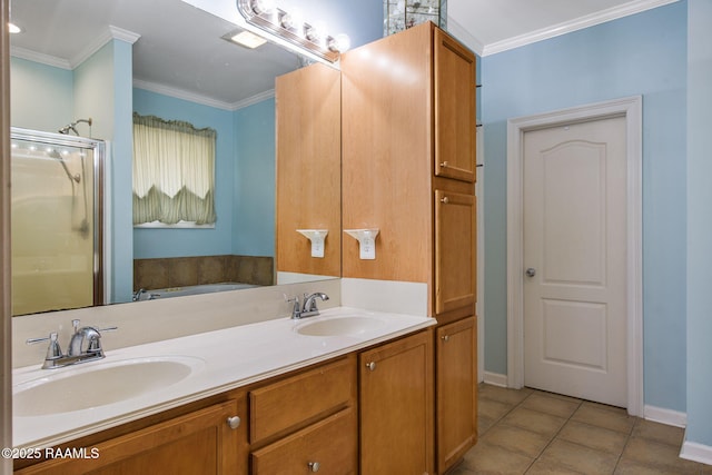 bathroom with tile patterned flooring, vanity, ornamental molding, and shower with separate bathtub