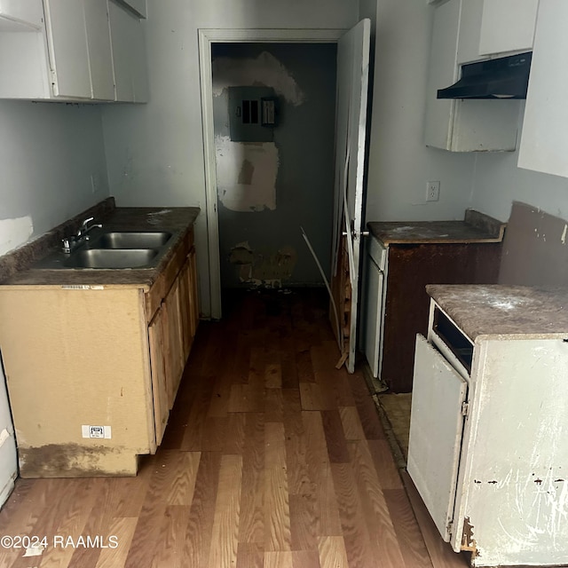 kitchen featuring under cabinet range hood, dark wood finished floors, white cabinets, and a sink