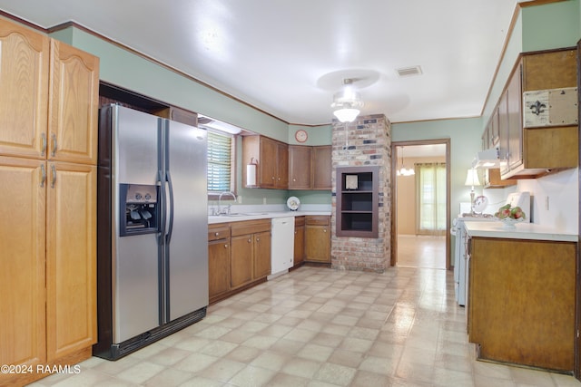 kitchen with light floors, dishwasher, stove, under cabinet range hood, and stainless steel refrigerator with ice dispenser