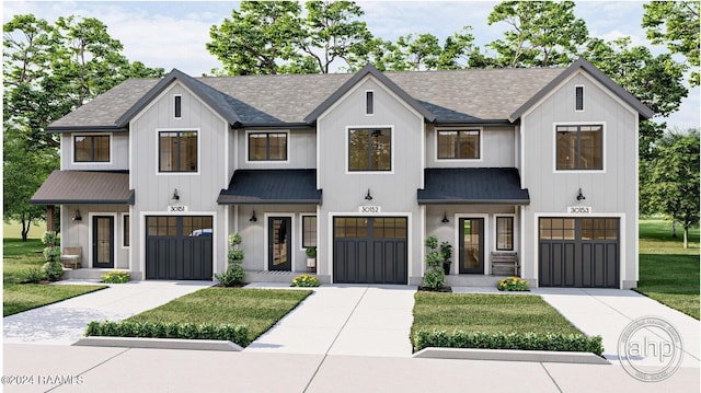 428 Eraste Landry Rd, Lafayette, LA 70506 - modern inspired farmhouse with a standing seam roof, metal roof, driveway, and a front lawn