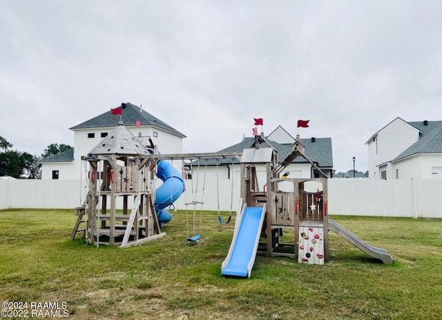 view of jungle gym featuring a yard