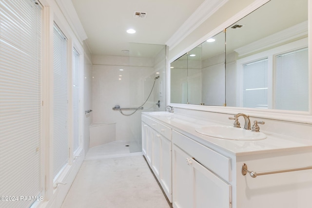 bathroom with ornamental molding, a shower, and vanity