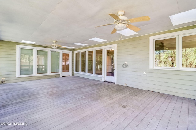 interior space featuring ceiling fan and a skylight