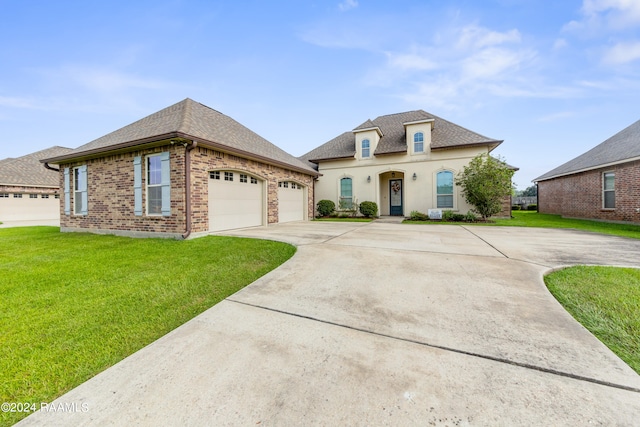 french country home with a garage and a front yard