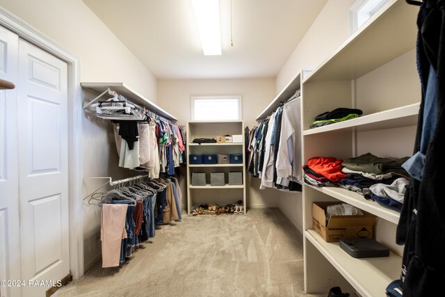 walk in closet featuring light colored carpet