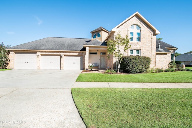 view of front of house with brick siding, roof with shingles, an attached garage, a front yard, and driveway