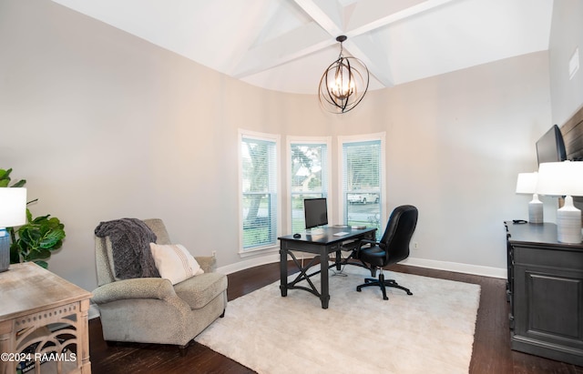 home office featuring an inviting chandelier, baseboards, vaulted ceiling, and dark wood-type flooring