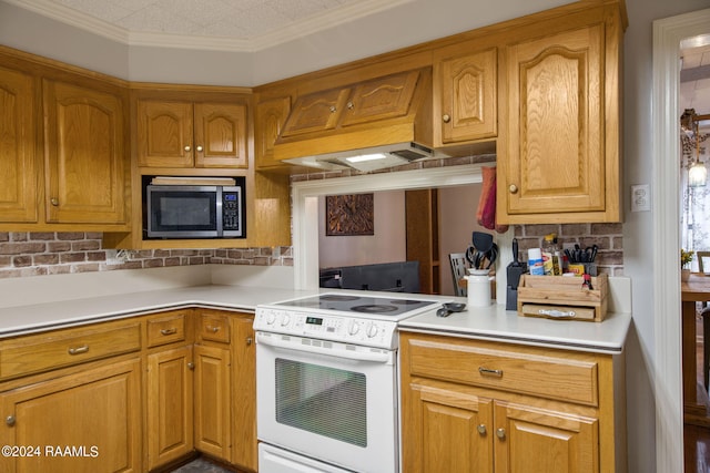 kitchen featuring ornamental molding, white electric stove, and custom range hood