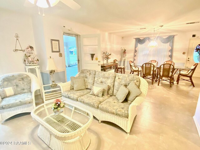 living room featuring ceiling fan