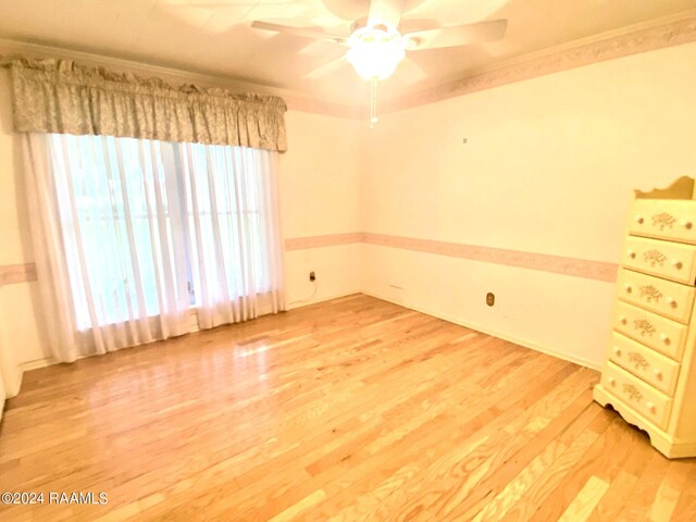 empty room featuring light wood-type flooring, ceiling fan, and crown molding