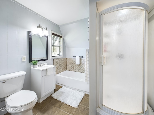 full bathroom with vanity, lofted ceiling, toilet, independent shower and bath, and tile patterned flooring