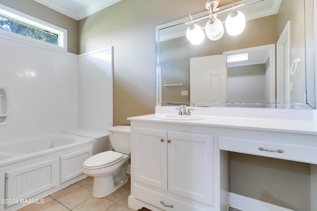 bathroom featuring vanity, a bath, ornamental molding, toilet, and tile patterned floors