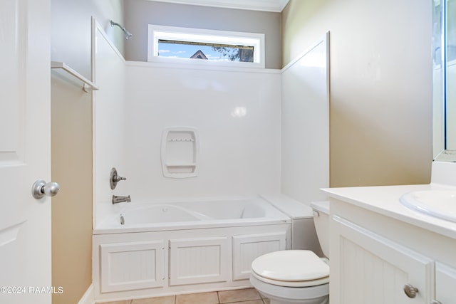 full bathroom featuring tile patterned flooring, shower / bathtub combination, vanity, and toilet