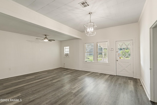 entryway featuring visible vents, ceiling fan with notable chandelier, dark wood-style floors, cooling unit, and crown molding