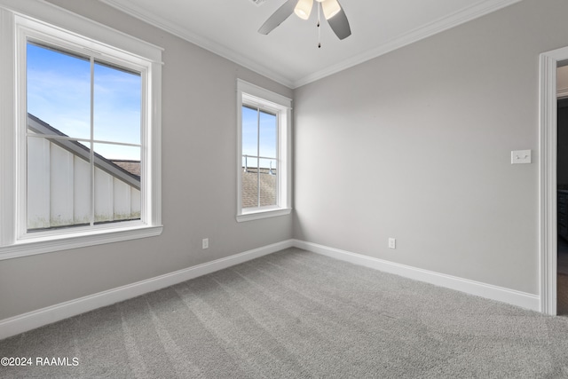 carpeted empty room featuring crown molding and ceiling fan