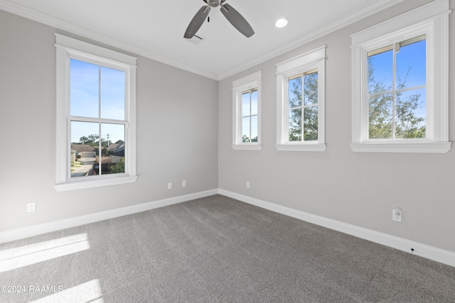 carpeted spare room with crown molding and ceiling fan