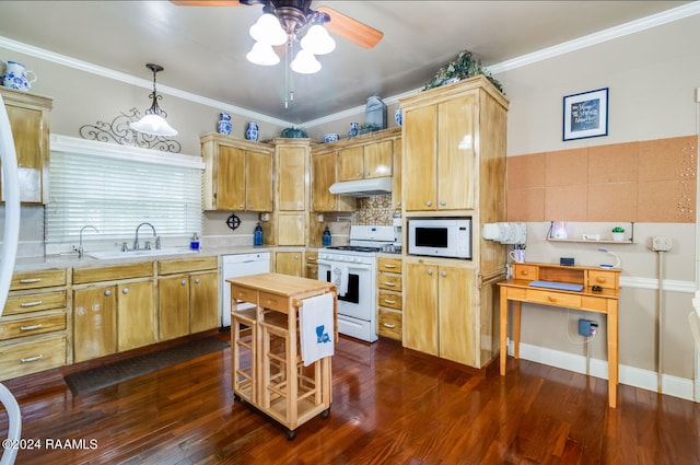 kitchen featuring hanging light fixtures, crown molding, white appliances, sink, and ceiling fan