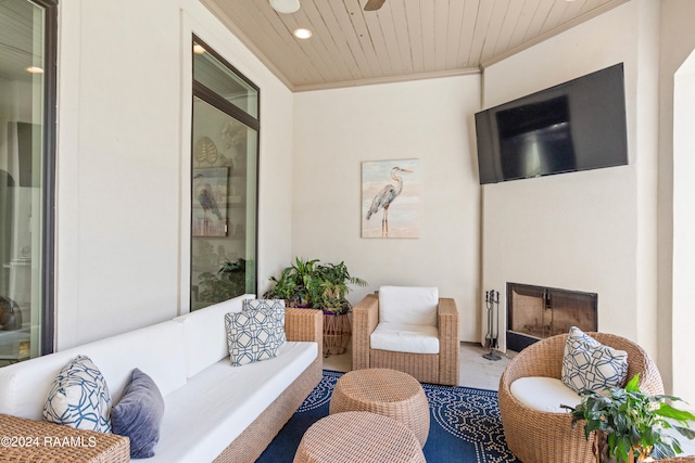 living room featuring wooden ceiling