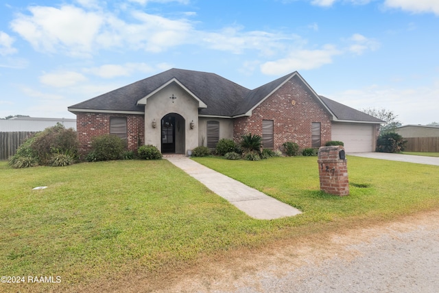 single story home with a garage and a front lawn