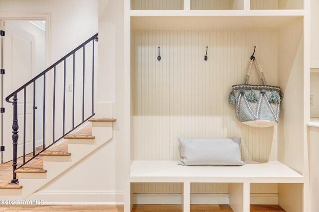 mudroom with hardwood / wood-style flooring