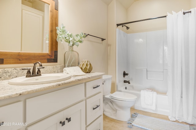 full bathroom featuring vanity, shower / tub combo, toilet, and tile patterned flooring