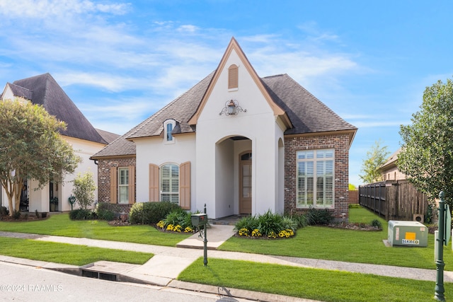 french country style house featuring a front lawn