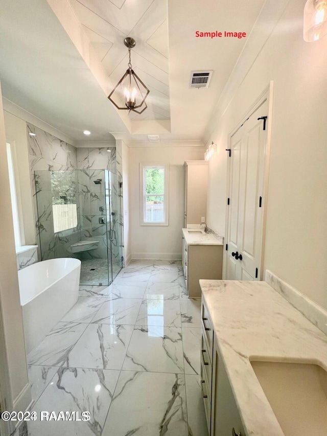 bathroom featuring independent shower and bath, a chandelier, vanity, a raised ceiling, and crown molding