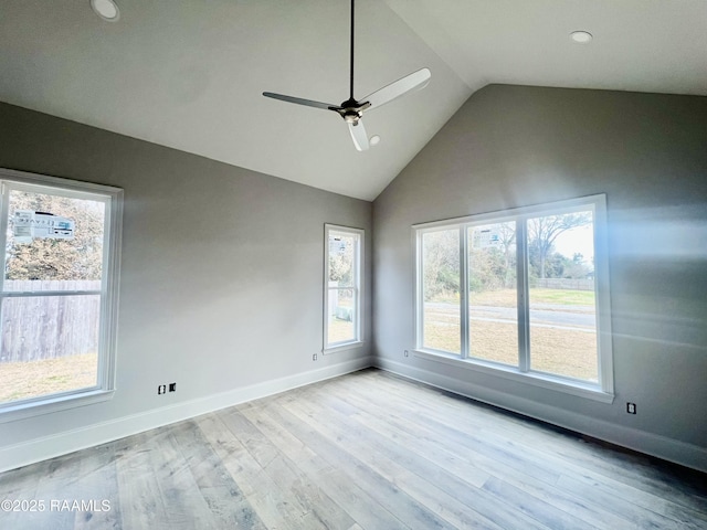 spare room with lofted ceiling, light hardwood / wood-style flooring, and ceiling fan