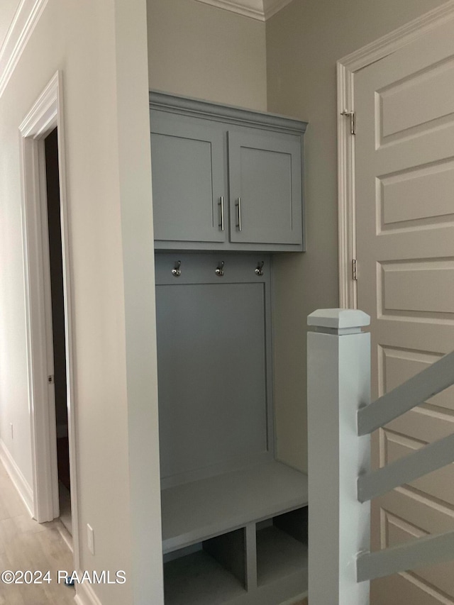 mudroom featuring crown molding