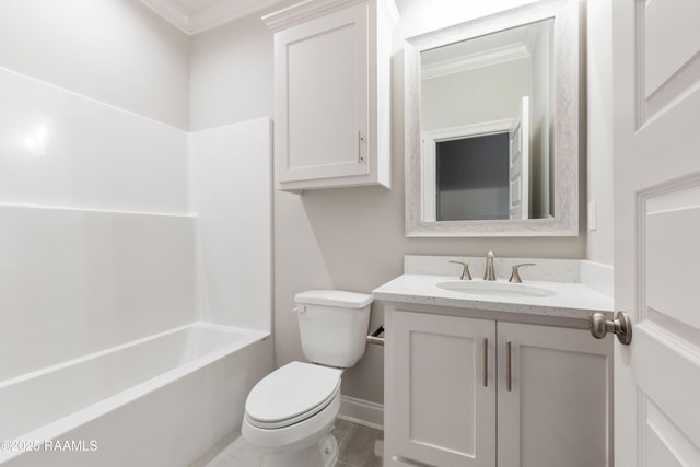 full bathroom featuring ornamental molding, vanity, toilet, and shower / bathtub combination