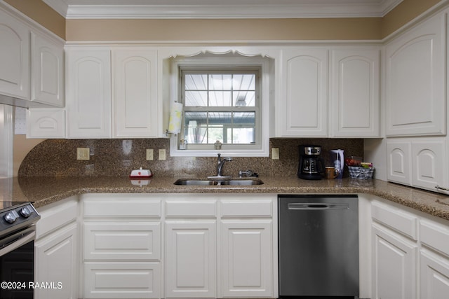 kitchen with appliances with stainless steel finishes, ornamental molding, white cabinetry, and sink