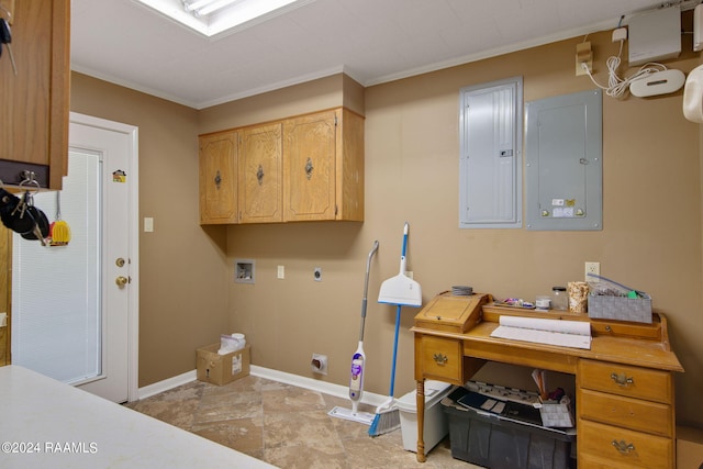 washroom with electric panel, cabinets, hookup for an electric dryer, and washer hookup