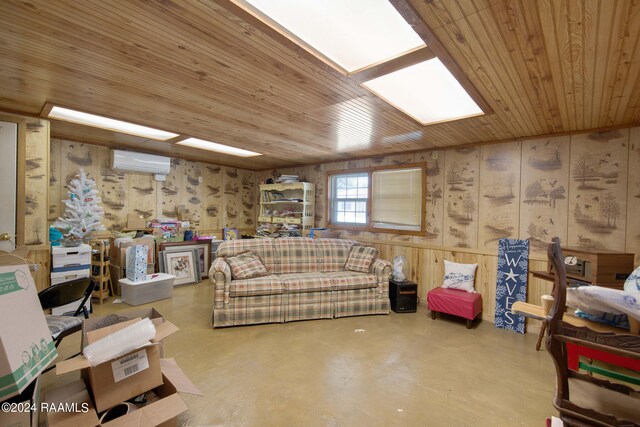 living room featuring wood ceiling, an AC wall unit, and concrete floors