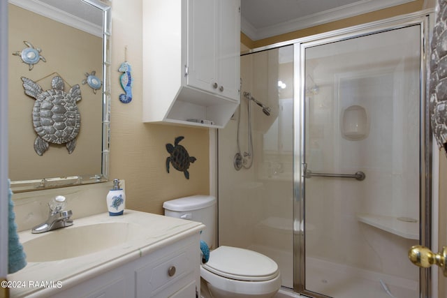 bathroom featuring walk in shower, toilet, vanity, and ornamental molding