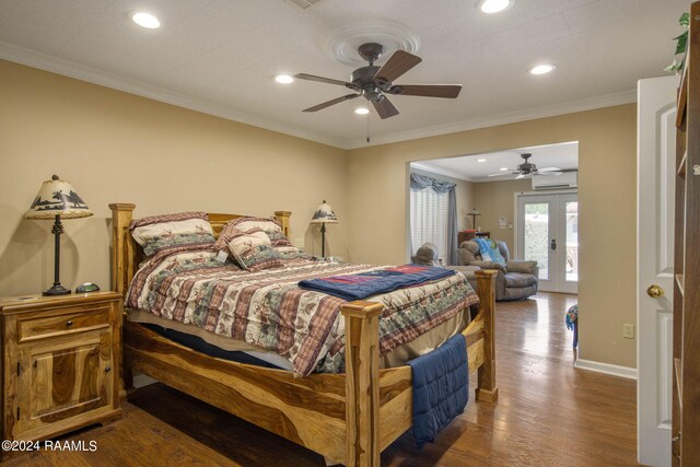 bedroom with wood-type flooring, french doors, crown molding, access to exterior, and ceiling fan