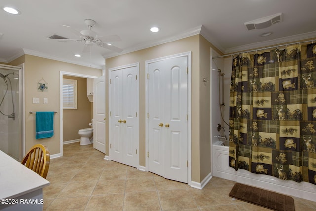 full bathroom featuring vanity, shower / tub combo with curtain, toilet, ornamental molding, and ceiling fan