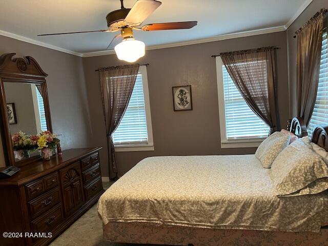 bedroom featuring ceiling fan and ornamental molding