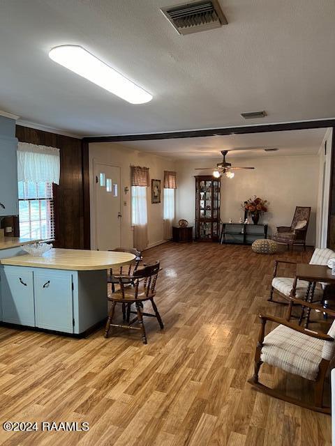 kitchen with hardwood / wood-style floors, ceiling fan, and crown molding