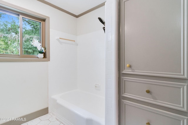 bathroom with crown molding, shower / bathing tub combination, and tile patterned floors