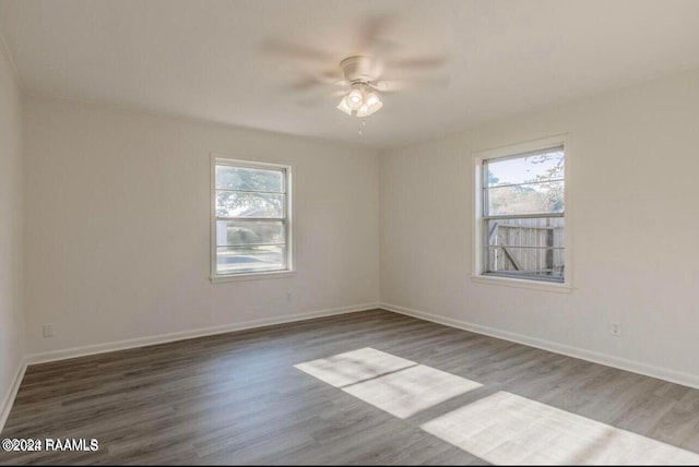 empty room featuring a wealth of natural light, ceiling fan, and hardwood / wood-style floors